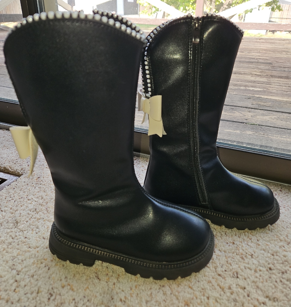 Black Girls' Mid-Calf Zip Boots with Decorative Bow